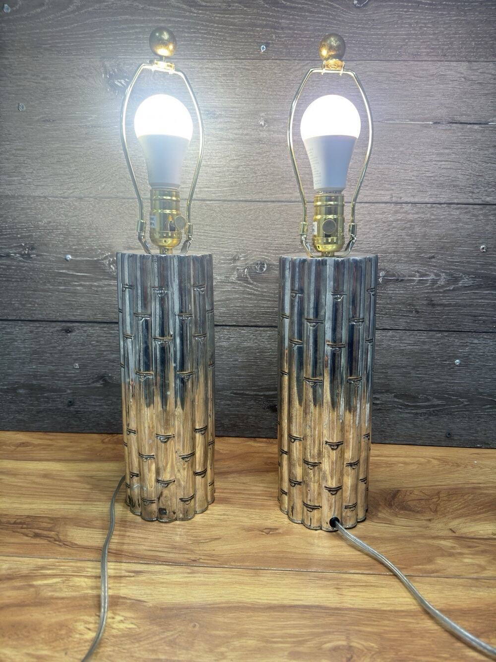 Pair Vintage Mid-Century Modern Metal Chrome Faux Bamboo Table Lamps – 21"